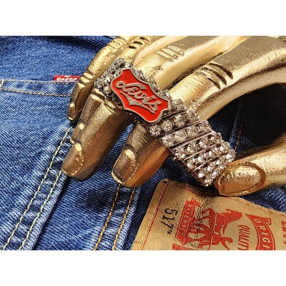 Artisan Vintage Levi Pin Rhinestone Bracelet | 1960s Stretch Statement - Picture 3 of 11